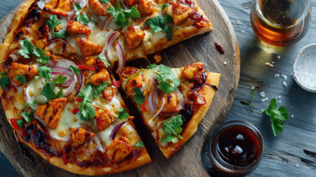 Savory chicken pizza topped with cheese and fresh herbs, served on a rustic wooden board. Perfect for gatherings or casual dining experiences.の素材