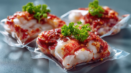 This image showcases freshly packaged shrimp marinated in a spicy mixture, beautifully presented with parsley garnish in vacuum-sealed pouches. Ideal for gourmet cooking and meal preparation.の素材
