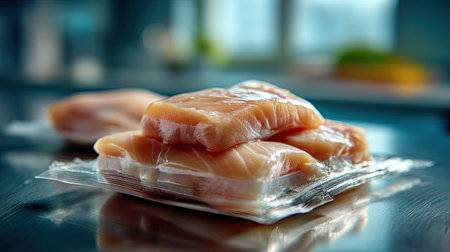 A close-up view of fresh raw chicken fillets neatly stacked in transparent packaging on a kitchen counter, illuminated by natural light, ideal for culinary use.の素材