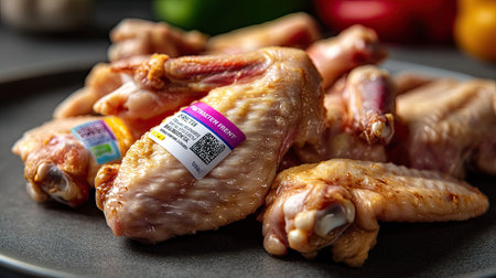 A striking image of fresh raw chicken wings arranged on a dark plate, showcasing their juicy texture and accompanied by vibrant vegetables, ideal for culinary use.の素材