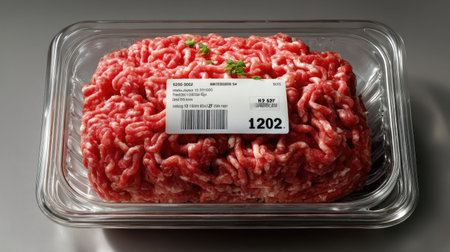 This image showcases fresh ground beef neatly packaged in a clear container, featuring a price tag and a touch of green garnish, ideal for culinary needs.の素材