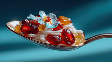 A beautifully arranged collection of colorful ingredients on a silver spoon, highlighted by a decorative flower against a soft blue backdrop, showcasing creativity and elegance.の素材