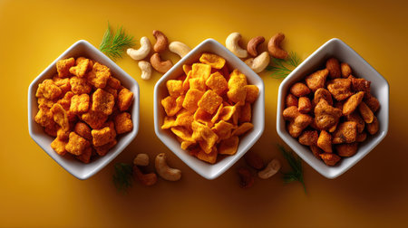 A vibrant display of savory snacks in white bowls, showcasing colorful bites alongside cashews, set against a bright yellow background, perfect for catering.の素材