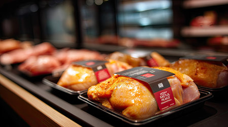Display of fresh raw chicken portions arranged in a grocery store, showcasing healthy eating options and appealing food packaging for consumers.の素材