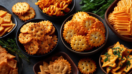 A stunning array of assorted savory snacks beautifully arranged in bowls, showcasing a variety of textures and flavors, perfect for any gathering.の素材