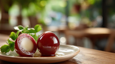 A plate featuring glazed cherry tomatoes cut in half, showcasing creamy interiors, garnished with fresh herbs, all set in a cozy cafe ambiance.の素材