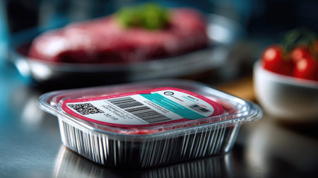 A close-up shot of freshly packaged red meat in a plastic tray, featuring a QR code. Cherry tomatoes add a vibrant touch to the kitchen setting.の素材