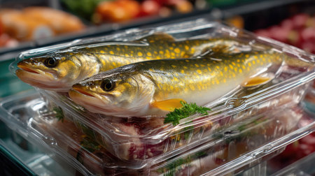 Two freshly packaged fish elegantly arranged on display in a market, surrounded by vibrant vegetables, emphasizing freshness and healthy eating.の素材