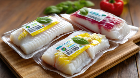 Freshly packaged fish fillets are styled on a wooden cutting board, complemented by vibrant vegetables and herbs, highlighting culinary appeal and health.の素材