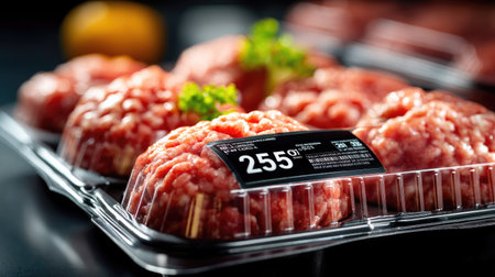 This stock photo features fresh ground beef in clear packaging, showcasing detailed nutritional information and a touch of green garnish, highlighting quality and freshness.の素材