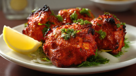 Mouthwatering grilled spicy chicken tikka served with fresh herbs and lemon wedges, perfect for gatherings, barbecues, and flavorful meals.の素材
