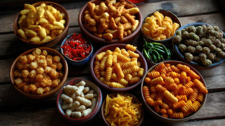 A vibrant selection of crispy snack foods presented in unique bowls on a rustic wooden table, ideal for gatherings, parties, and culinary inspiration.の素材