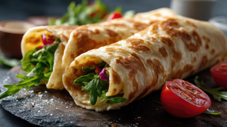 This enticing image showcases freshly made flatbread rolls filled with greens and tomatoes, perfect for culinary inspiration. The rustic presentation enhances the dish's appeal and invites viewers to explore delicious flavors.の素材