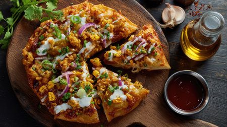 A beautifully arranged vegetable pizza with vibrant toppings, garnished with herbs and sauces, perfect for sharing and enjoying at any meal.の素材