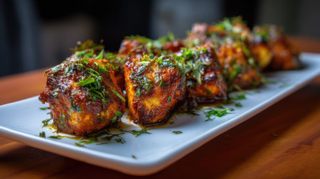 This image features a delectable serving of spiced chicken bites garnished with fresh herbs on a white platter, perfect for appetizing dishes or restaurant menus.の素材