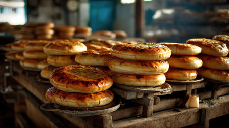 This captivating image features freshly baked bread stacked high in a rustic bakery, highlighting the golden crust and warm ambiance, perfect for food lovers.の素材