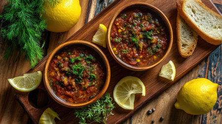 Discover an appealing arrangement of salsa varieties paired with fresh lemon slices and crunchy bread on a rustic wooden board, perfect for culinary inspiration.の素材
