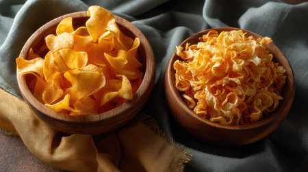 Two wooden bowls filled with crunchy potato snacks showcase a vibrant orange hue, beautifully contrasted against a textured fabric background, perfect for food lovers.の素材