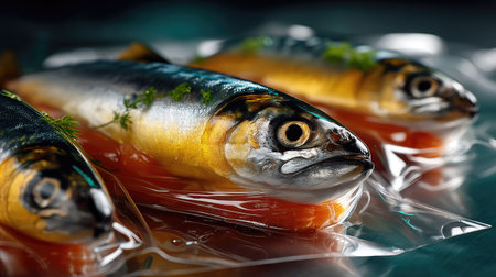 A captivating close-up image showcasing freshly caught fish glimmering with sea salt and garnished with fresh herbs, ideal for culinary inspiration.の素材