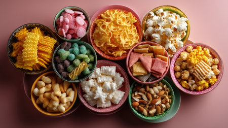 A vibrant display of assorted snacks in colorful bowls showcases a delightful assortment perfect for gatherings and celebrations. Indulge in sweet and savory treats.の素材