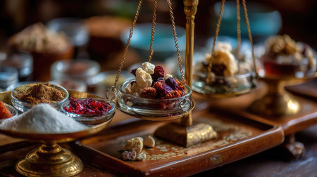 A beautifully arranged scene featuring a traditional weighing scale holding various dried herbs and spices in a rustic kitchen, showcasing vibrant colors and natural ingredients.の素材