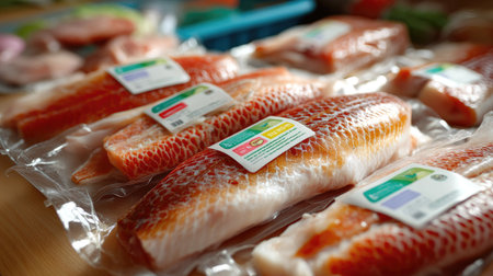 A close-up of freshly packaged salmon fillets arranged on a wooden surface, showcasing colorful labels and background ingredients, perfect for meal inspiration.の素材