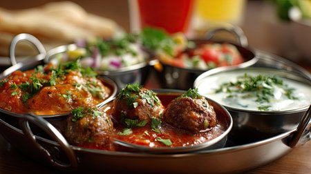 This vibrant image showcases a traditional Indian dish featuring spicy meatballs in rich tomato sauce, garnished with fresh herbs and accompanied by yogurt and salad.の素材