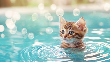 A charming young kitten enjoys its time in shallow water, surrounded by bubbles and a soft, blurred background. The playful scene captures innocence and joy.の素材
