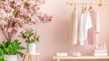 A serene and elegant interior display featuring soft pastel apparel, delicate flowers, and a cozy atmosphere perfect for relaxation and rejuvenation.の素材