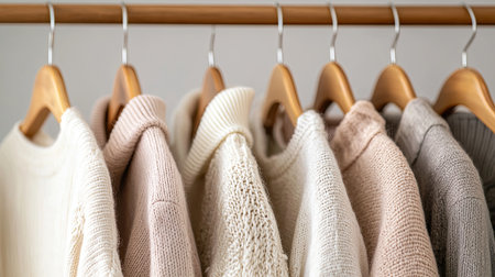 A beautiful collection of cozy knitwear sweaters displayed on wooden hangers, showcasing neutral tones and textures perfect for a stylish autumn wardrobe.の素材