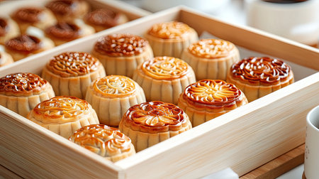 A beautiful assortment of traditional Asian pastries in a wooden box, highlighting intricate designs and enticing colors, perfect for festive gatherings.の素材