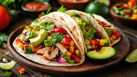 Indulge in these vibrant tacos filled with tender chicken, colorful vegetables, creamy avocado, and fresh herbs on a rustic wooden table. Perfect for any meal.の素材