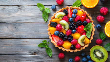 A vibrant fruit tart filled with fresh berries, mango, and kiwi, beautifully arranged on a rustic wooden table, perfect for summer gatherings and dessert lovers.の素材