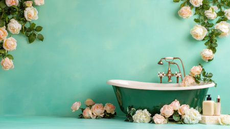 A beautifully arranged bathroom scene featuring a vintage bathtub surrounded by soft pastel flowers and a serene green wall, ideal for promoting relaxation and luxury.の素材