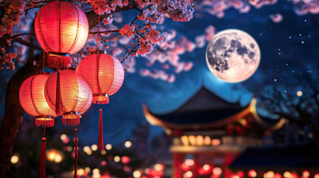 A captivating night scene featuring vibrant lanterns and blooming cherry blossoms under a full moon, illuminating traditional Asian architecture and creating a serene atmosphere.の素材