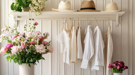 A stylish interior featuring a floral arrangement in a vase alongside summer clothing hung on a wooden shelf, accented by beautiful hats, creating an inviting atmosphere.の素材