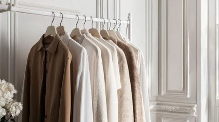 A beautifully arranged display of neutral colored clothing on hangers, showcasing a blend of elegant fabrics in a stylish, modern interior setting.の素材