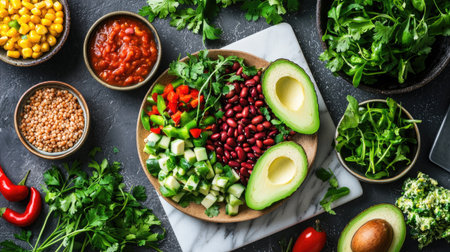 A visually appealing arrangement of fresh vegetables and ingredients perfect for crafting a healthy salad. The vibrant colors and textures invite creativity in the kitchen.の素材