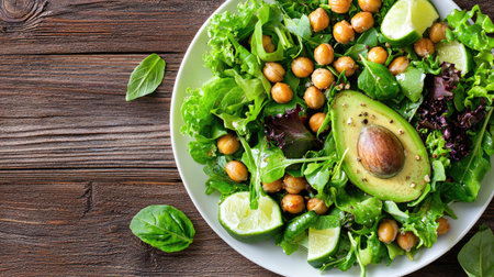 A vibrant and healthy salad featuring fresh greens, creamy avocado, protein-rich chickpeas, and zesty lime, perfect for nutritious meals.の素材
