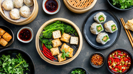 This captivating image showcases an assortment of delectable Asian dumplings, vibrant fresh vegetables, and a variety of flavorsome dipping sauces, beautifully arranged on a rustic table. Perfect for culinary enthusiasts and food photographers.の素材