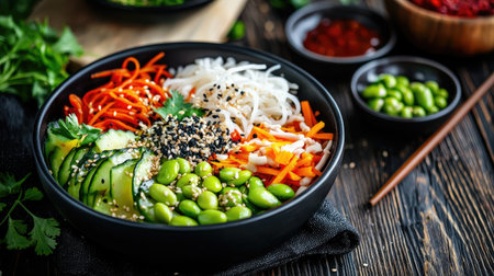A vibrant Asian noodle bowl filled with fresh vegetables and toppings, showcasing a healthy meal option. Ideal for food photography and culinary projects.の素材