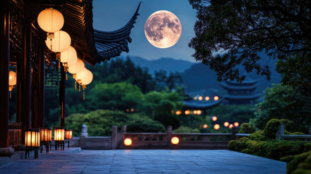 A captivating nightscape featuring a radiant full moon illuminating a traditional architectural backdrop adorned with glowing lanterns, surrounded by lush greenery.の素材