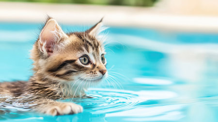 An adorable tabby kitten playfully wades through clear blue water in a pool, capturing the essence of youth and joy on a warm summer day.の素材