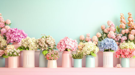 A stunning collection of colorful flowers in various pots, displayed against a soft pastel background, ideal for spring and summer decor inspiration.の素材