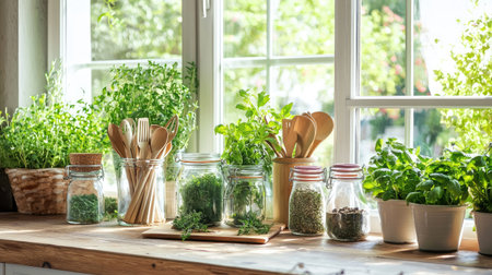 A bright and inviting kitchen scene featuring various fresh herbs in glass jars, wooden utensils, and vibrant greenery, bathed in natural sunlight.の素材