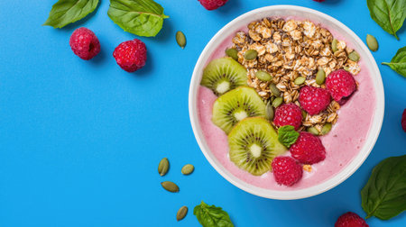 A vibrant smoothie bowl filled with fresh raspberries, kiwi slices, and crunchy granola, enhanced by green basil leaves against a bright blue backdrop.の素材