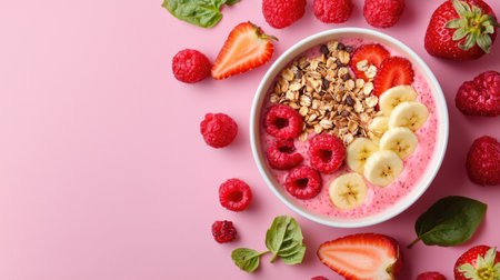 This vibrant smoothie bowl features fresh raspberries, banana slices, and strawberries surrounded by crunchy granola, perfect for a wholesome breakfast.の素材