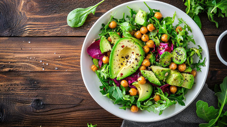 A vibrant salad featuring creamy avocado slices, crunchy chickpeas, and a mix of fresh greens, beautifully arranged in a white bowl on a rustic wooden table.の素材