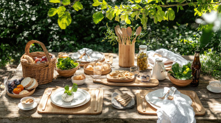 Enjoy a serene outdoor picnic setup featuring a beautifully arranged table with fresh food, inviting decor, and a touch of nature. Perfect for gatherings.の素材