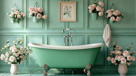 A stunning vintage bathroom featuring a green bathtub, adorned with delicate floral arrangements in soft pastel tones, creating a serene and elegant atmosphere.の素材